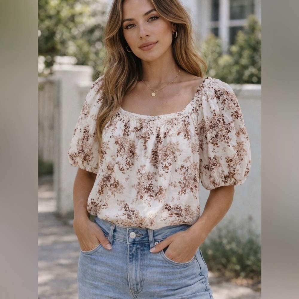Abercrombie & Fitch Floral Linen Blend Crop Top Large Puff Sleeve Off Shoulder